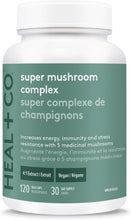 Load image into Gallery viewer, HEAL + CO. Super Mushroom Complex | Energy + Immune Support Supplement | 5 Potent Mushroom Extracts - Chaga + Lion’s Mane + Turkey Tail + Reishi + Cordyceps | 120 x 500 mg Capsules