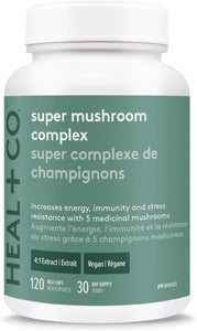 HEAL + CO. Super Mushroom Complex | Energy + Immune Support Supplement | 5 Potent Mushroom Extracts - Chaga + Lion’s Mane + Turkey Tail + Reishi + Cordyceps | 120 x 500 mg Capsules