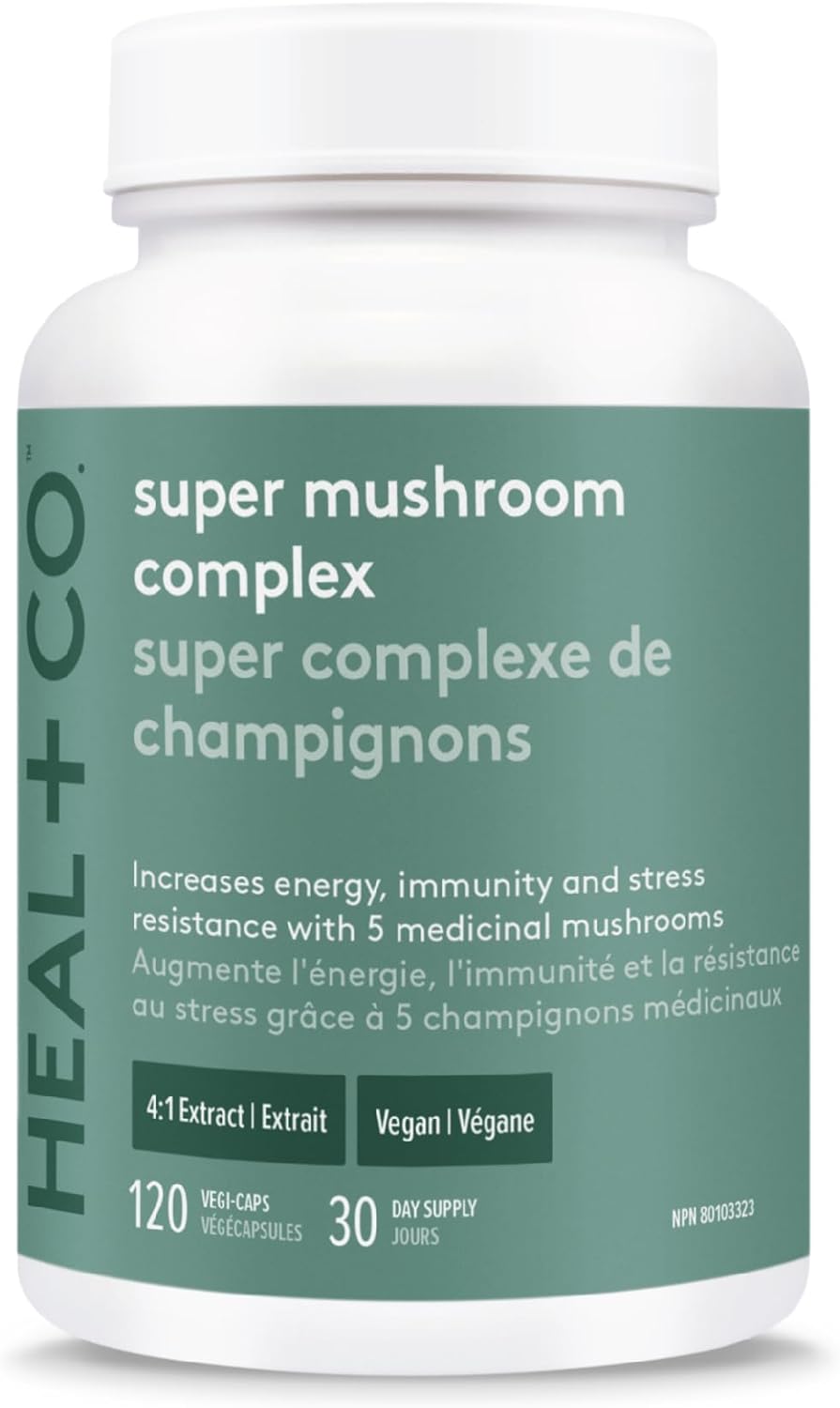 HEAL + CO. Super Mushroom Complex | Energy + Immune Support Supplement | 5 Potent Mushroom Extracts - Chaga + Lion’s Mane + Turkey Tail + Reishi + Cordyceps | 120 x 500 mg Capsules