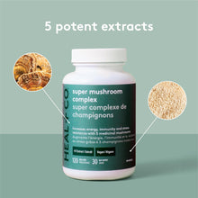 Load image into Gallery viewer, HEAL + CO. Super Mushroom Complex | Energy + Immune Support Supplement | 5 Potent Mushroom Extracts - Chaga + Lion’s Mane + Turkey Tail + Reishi + Cordyceps | 120 x 500 mg Capsules